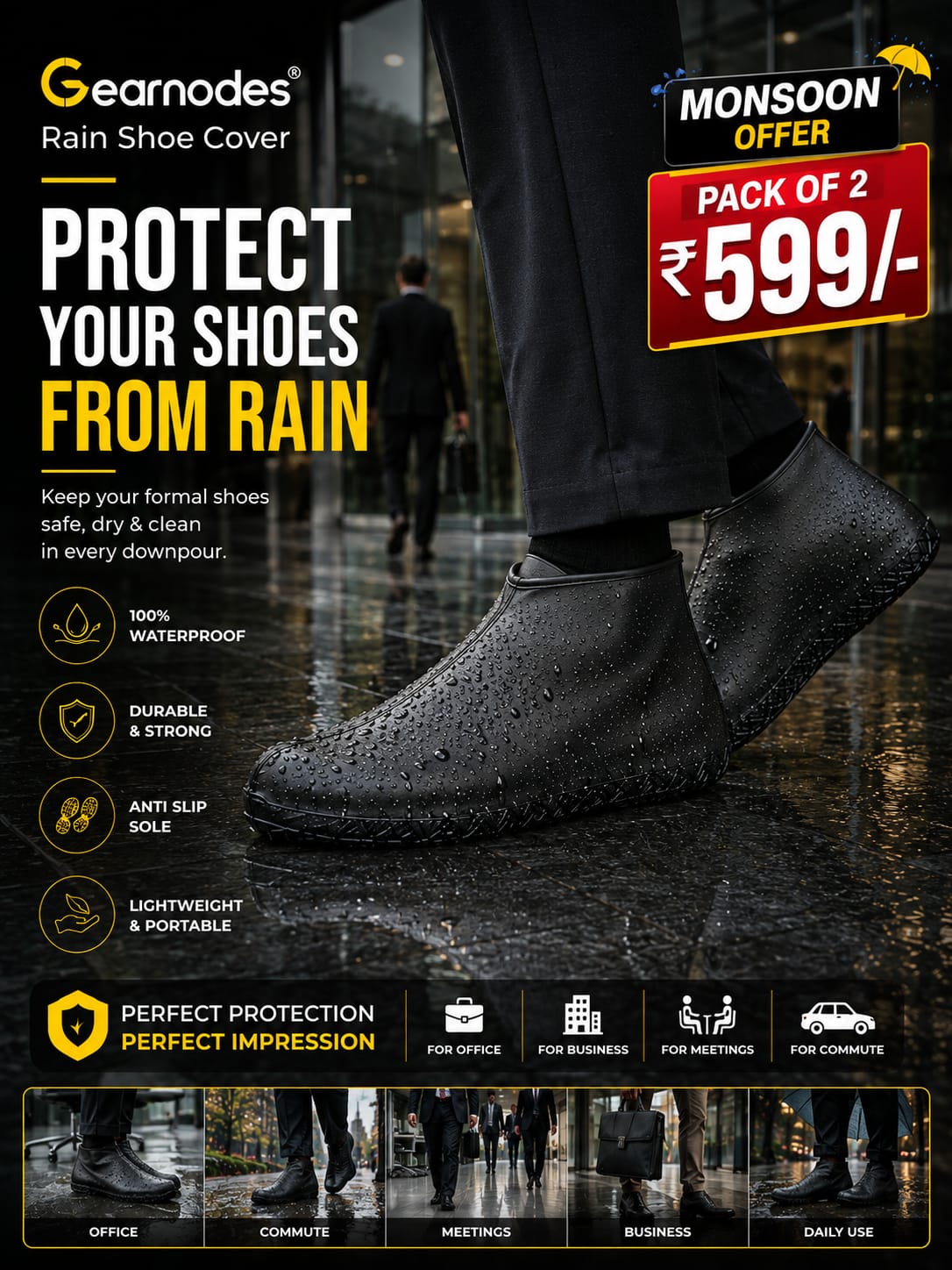 Gearnodes Waterproof Rain Shoe Cover for Men & Women | Anti-Slip Silicone Footwear Protector (Pack of 2)