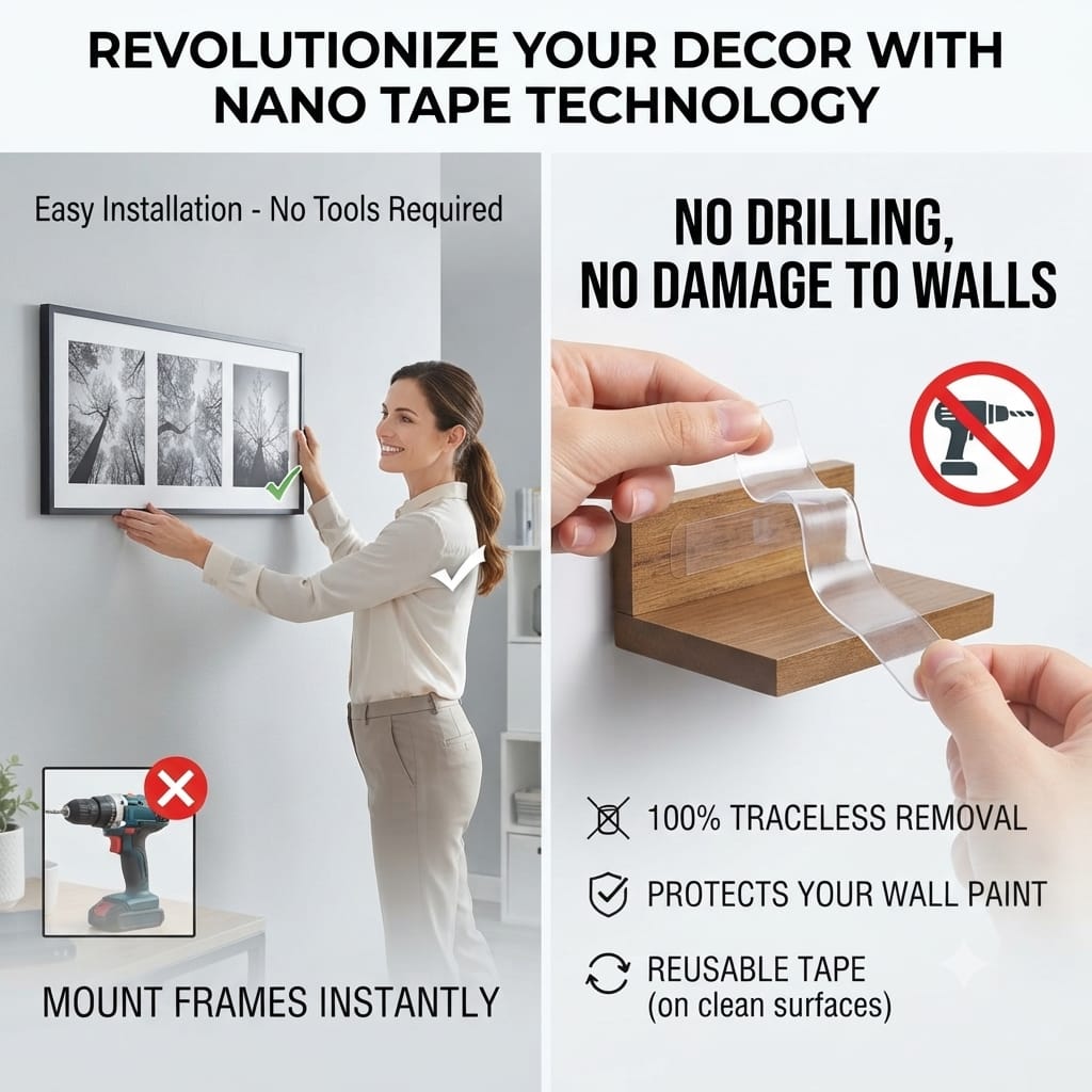 Buy 1 Get 1 -Double Sided Tape Heavy Duty for Wall, Strong Adhesive Transparent Nano Tape ( 3M+3M - 6 Meter ) | Multipurpose Mounting Tape for Home, Office & Car Without Peeling Paint