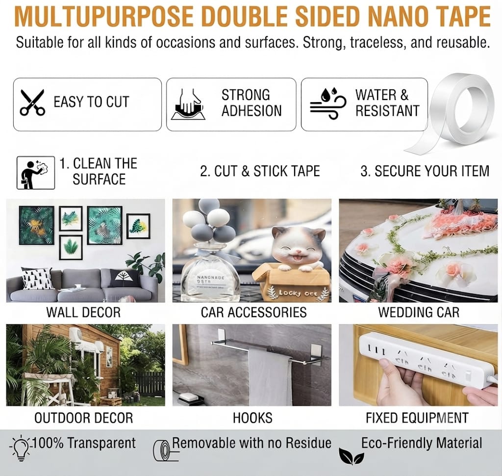 Buy 1 Get 1 -Double Sided Tape Heavy Duty for Wall, Strong Adhesive Transparent Nano Tape ( 3M+3M - 6 Meter ) | Multipurpose Mounting Tape for Home, Office & Car Without Peeling Paint