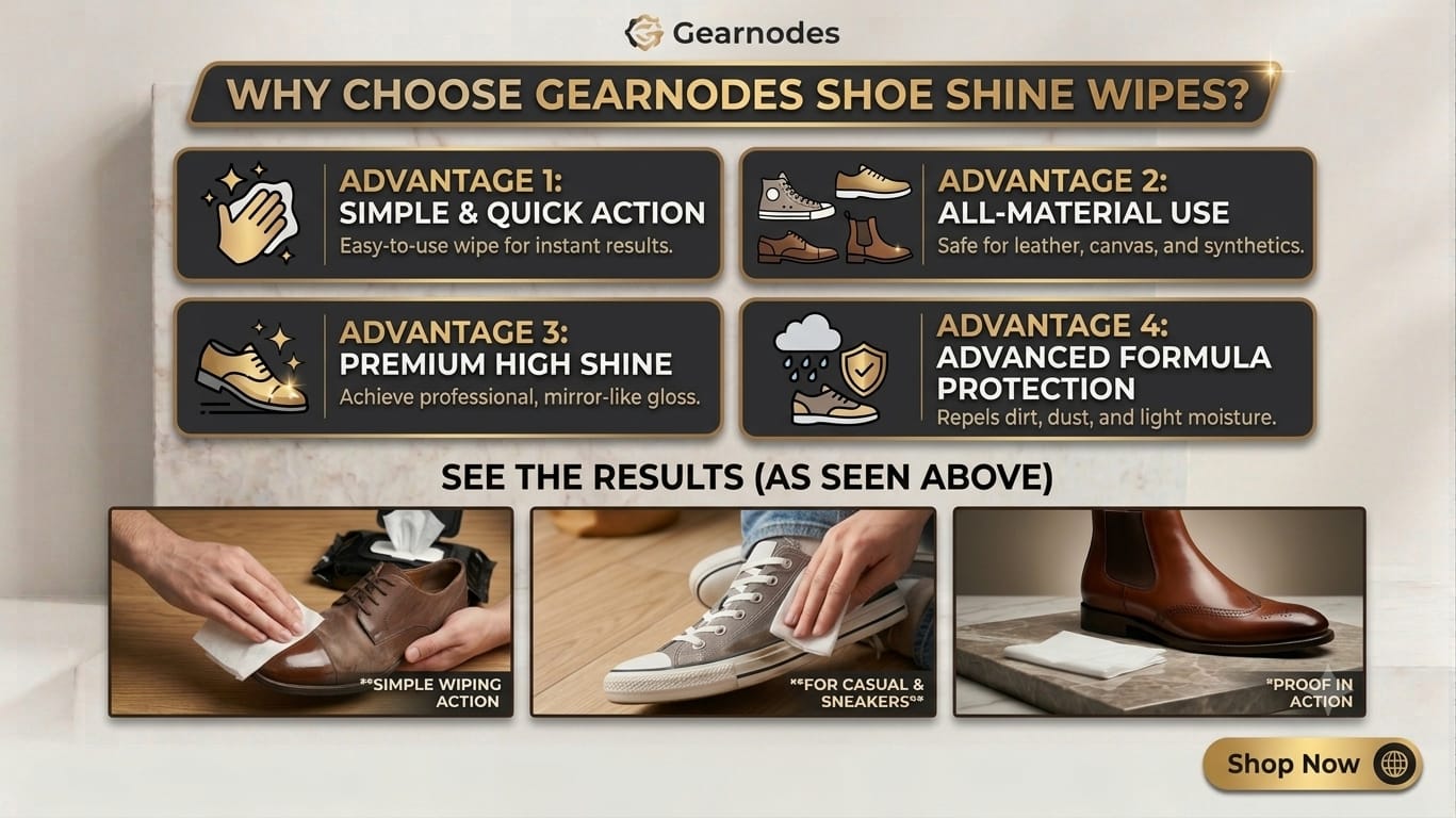 🔥 Gearnodes Premium Shoe Shine & Multi-Surface Wipes – Pack of 3(80 Wipes x 3) 👟✨ Perfect for Sneakers, Leather, Kitchen Cabinets & Mirrors 🏠 🔥 [BUY 2 GET 1 FREE] 🔥